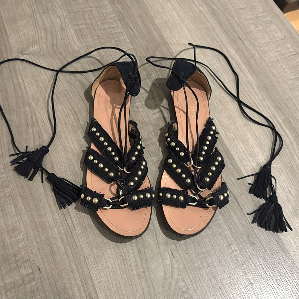 Designer Navy suede gold grommit lace up sandals. Size 37.5 but fits my size 8.